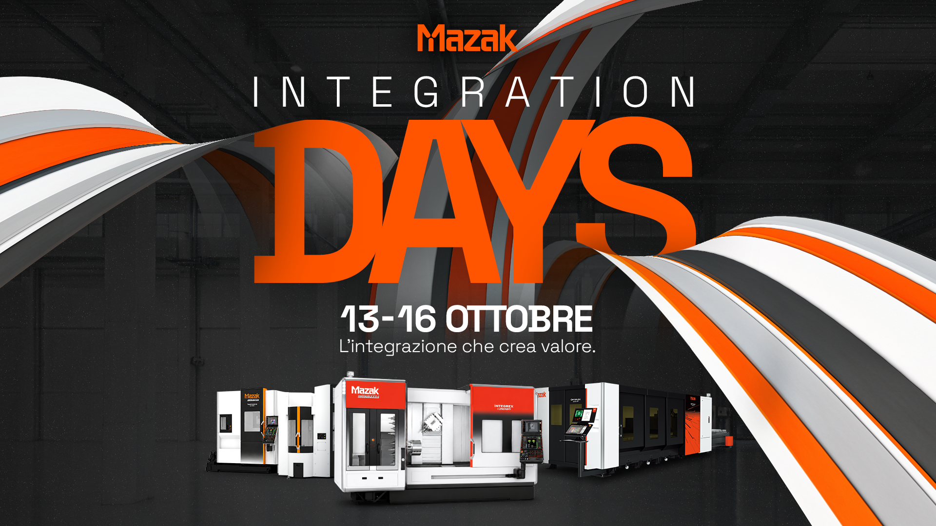 Banner dell'evento Mazak Integration Days, in programma dal 13 al 16 ottobre, con immagini di macchine utensili Mazak.